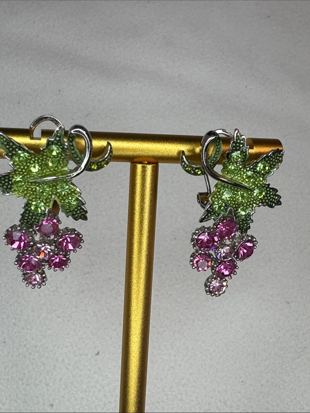 Pink Crystal Grape Necklace & Earring Set with Green Leaf Accents